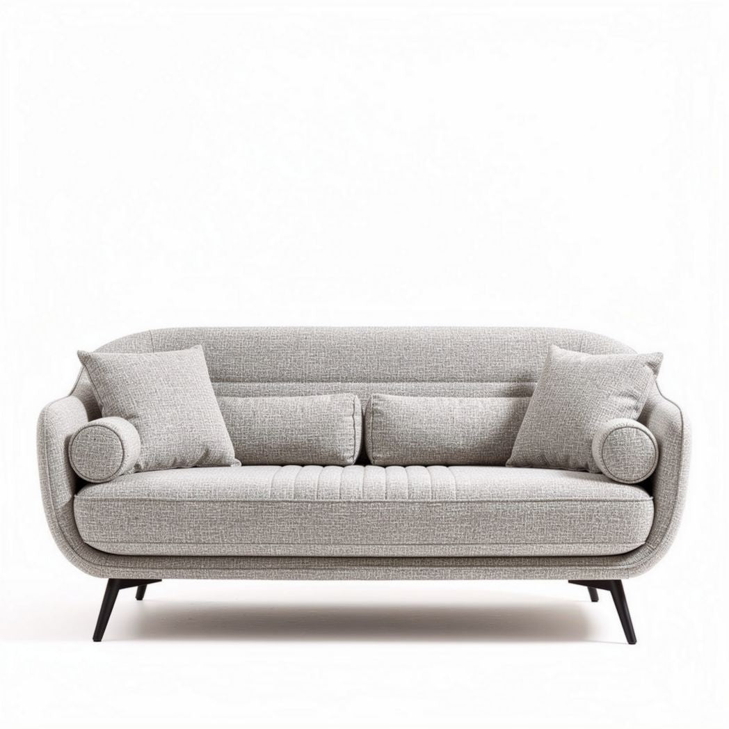 Twee- zitsbank van staal en stof in lichtgrijs met kussens 200 x 85 x 85cm