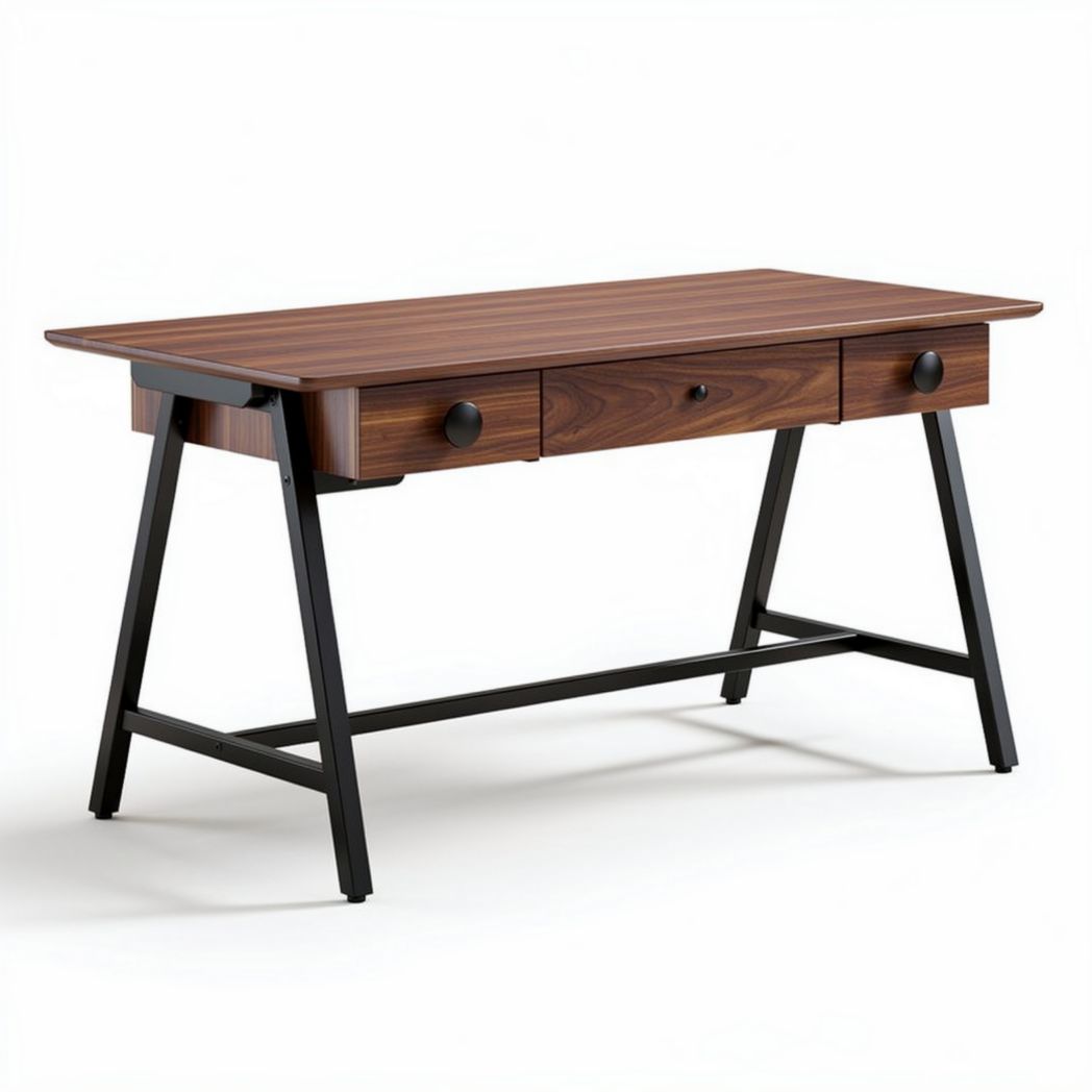 Houten bureau met lades en metalen onderstel 120 x 60 x 75cm
