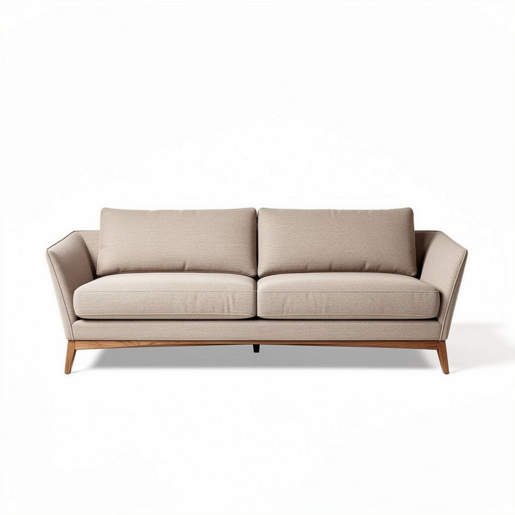 Beige stoffen bank met houten poten afmetingen 200 x 90 x 80cm