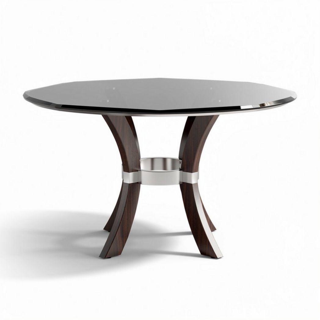 Octagonale tafel van zwart glas met houten poten en metalen elementen 120 x 120 x 75cm