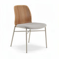 Houten stoel met metalen poten en gestofferde zitting van grijs textiel 45 x 50 x 85cm