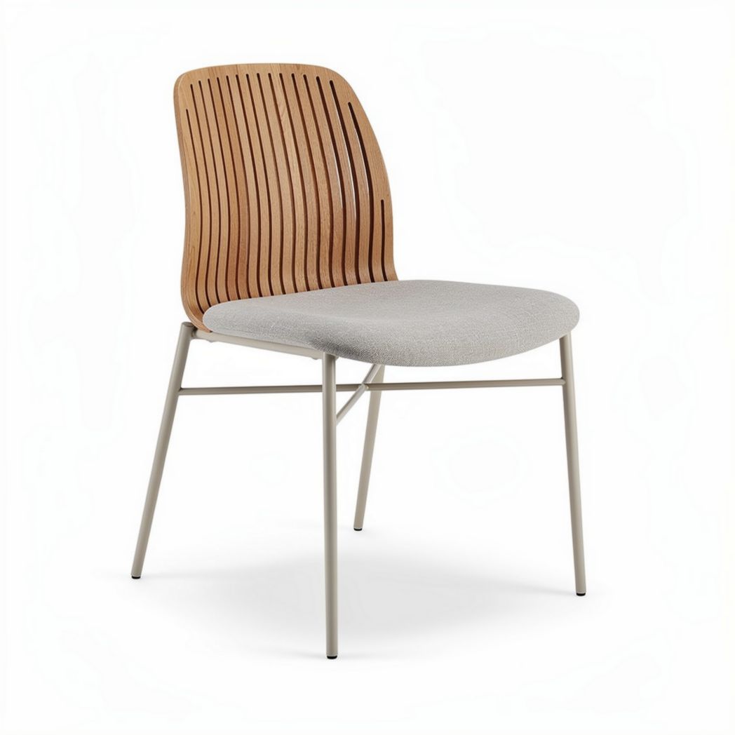 Houten stoel met metalen poten en gestofferde zitting van grijs textiel 45 x 50 x 85cm